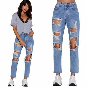 Momokrom High Waisted Straight‎ Leg Mom Super Distressed Raw Hem Jean Size 6